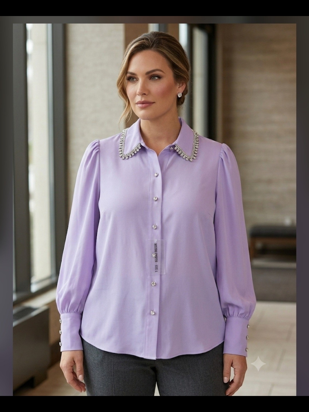 Boston Proper Lavender Beaded Collar Button-Down Blouse